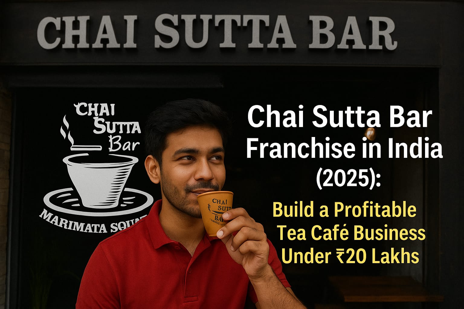 Indian man enjoying chai in front of Chai Sutta Bar franchise outlet – Start a profitable tea café business under ₹20 Lakhs in India (2025)