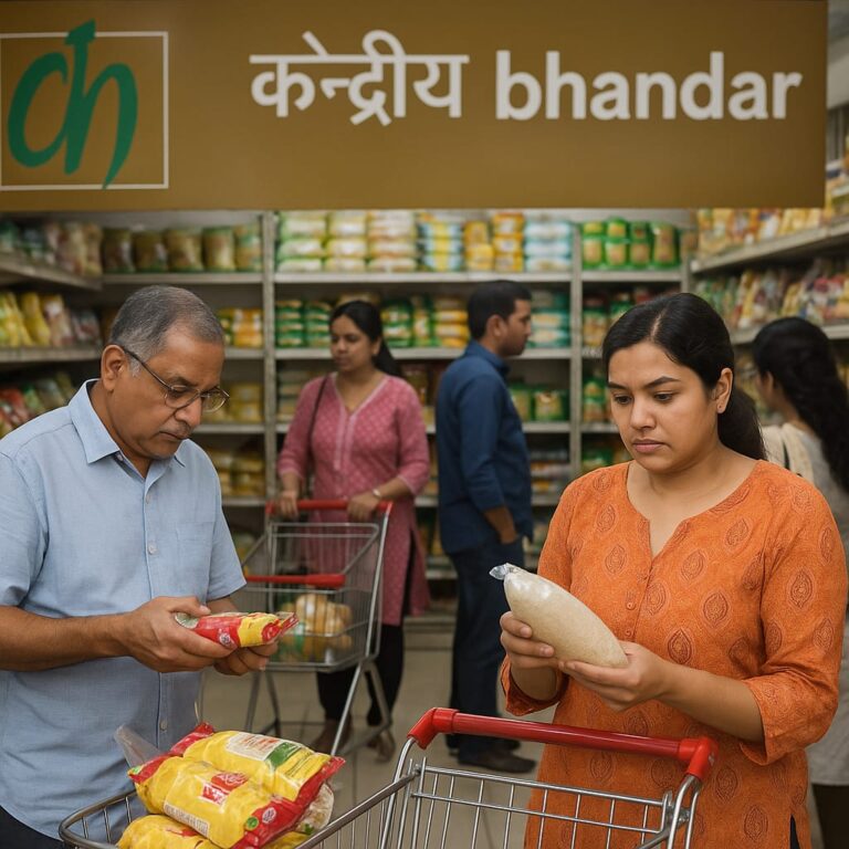 Indian families shopping for groceries at Kendriya Bhandar Store, a trusted government retail chain offering affordable essentials in India – 2025