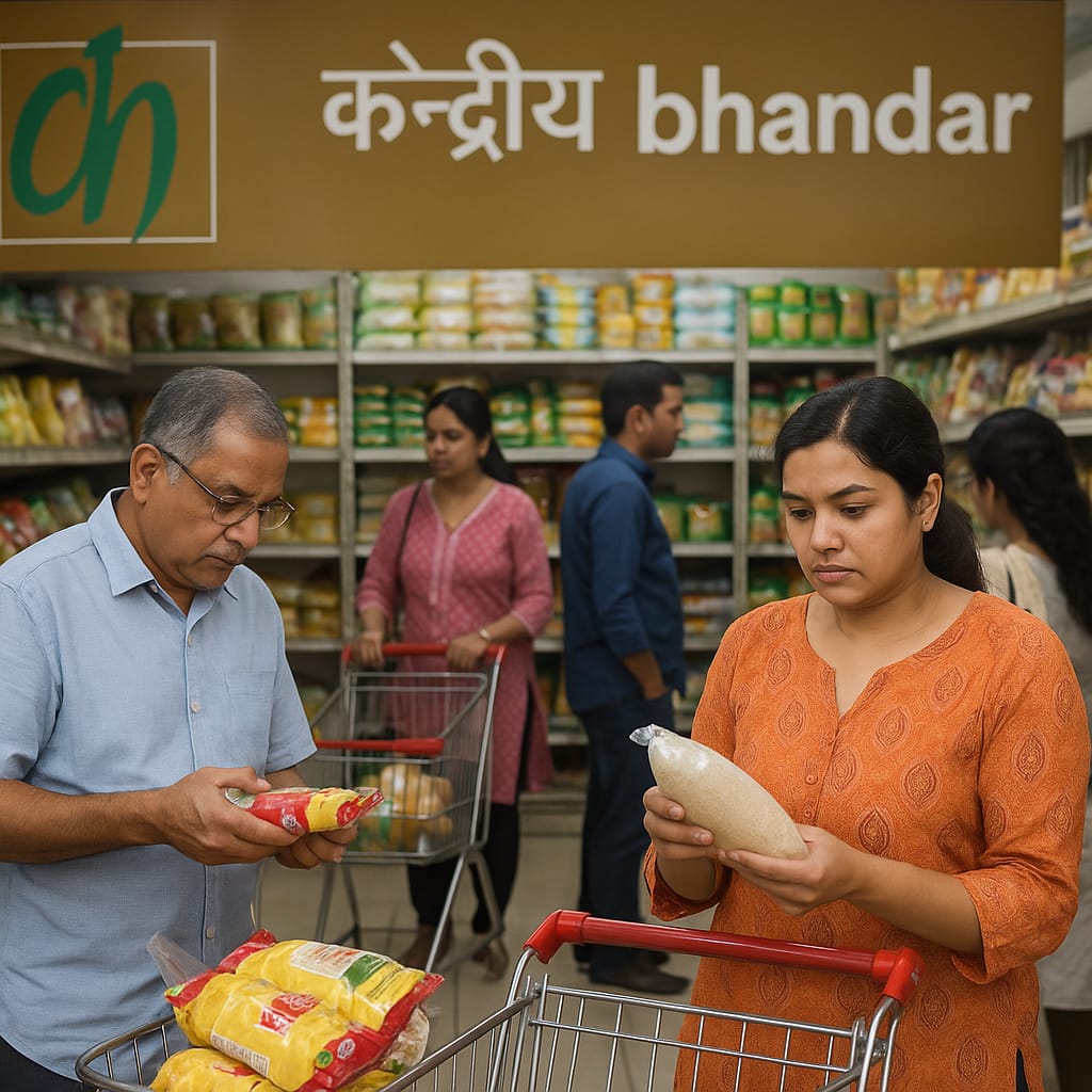 Indian families shopping for groceries at Kendriya Bhandar Store, a trusted government retail chain offering affordable essentials in India – 2025