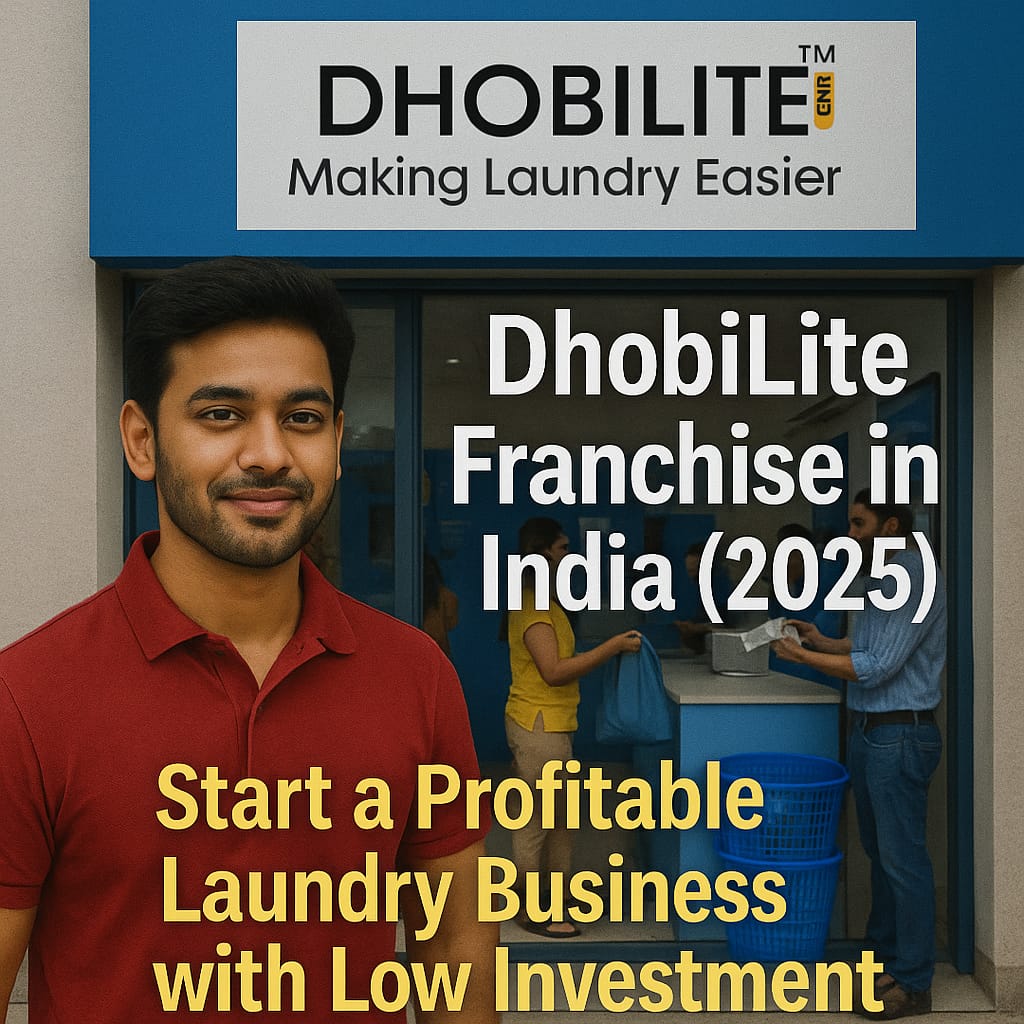 Smiling Indian entrepreneur standing in front of DhobiLite laundry store with customers inside – Start a profitable laundry franchise business in India (2025)