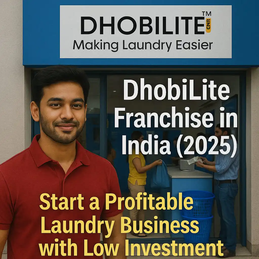 Smiling Indian entrepreneur standing in front of DhobiLite laundry store with customers inside – Start a profitable laundry franchise business in India (2025)