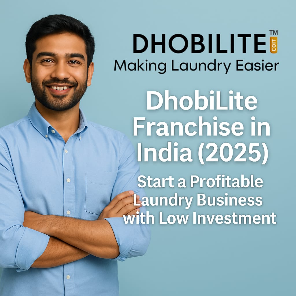 Smiling Indian entrepreneur in blue shirt promoting DhobiLite laundry franchise opportunity in India with a clean blue background – Start your own laundry business in 2025