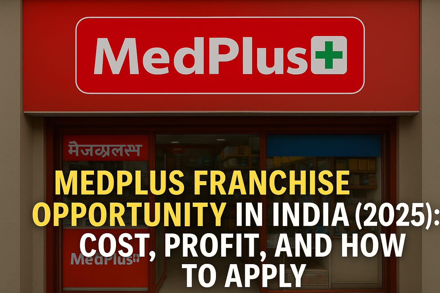 MedPlus pharmacy storefront with official logo and franchise opportunity guide text for 2025 in India.