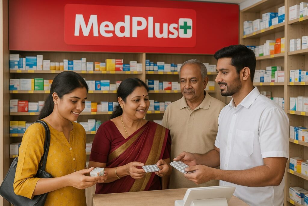 Indian customers buying medicines inside a MedPlus pharmacy with a pharmacist assisting at the counter – 2025 franchise business scene.