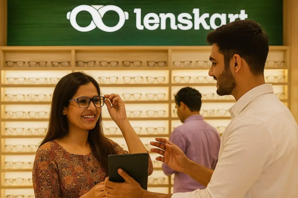 Indian customer trying eyeglasses with assistance from sales staff inside a modern Lenskart store – 2025 franchise experience.
