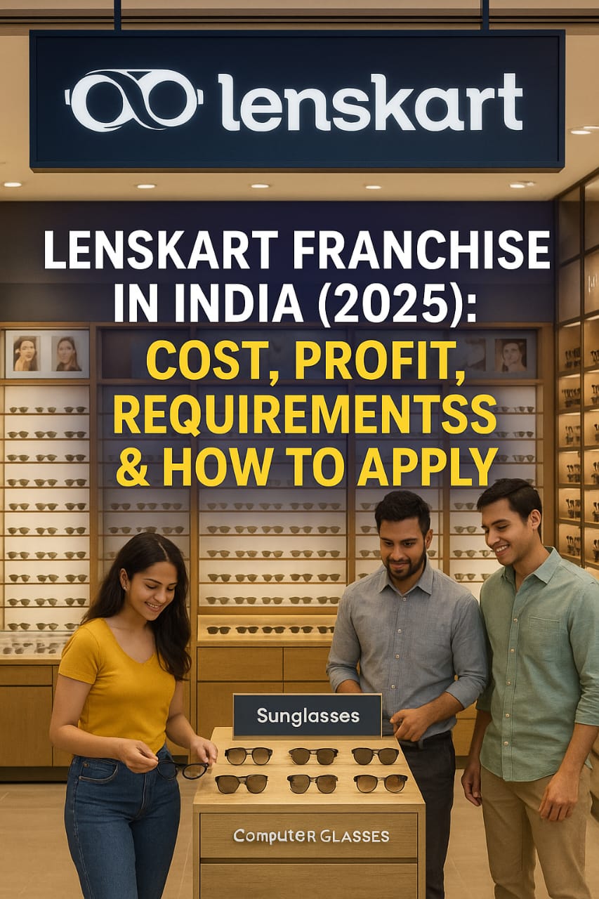 Lenskart store interior showcasing customers trying sunglasses with a sales assistant – Franchise opportunity in India (2025).