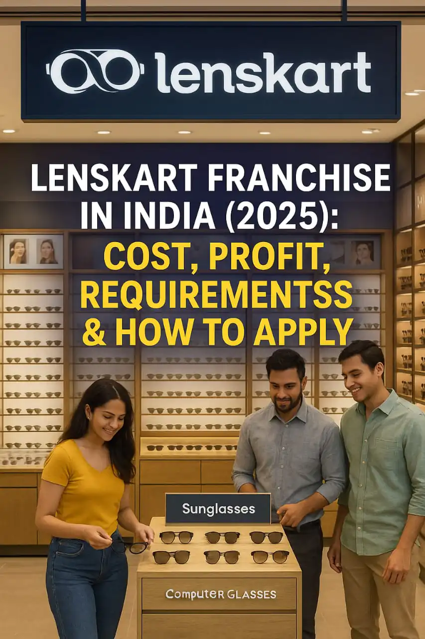 Lenskart store interior showcasing customers trying sunglasses with a sales assistant – Franchise opportunity in India (2025).