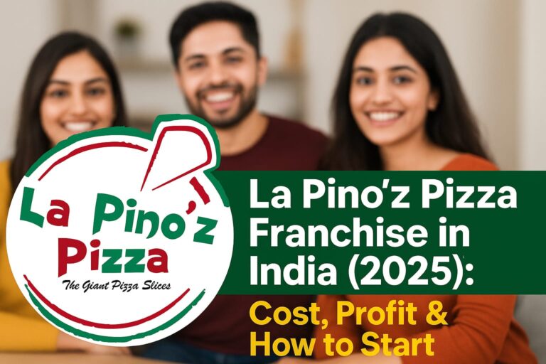 Happy Indian customers with La Pino’z Pizza branding – Franchise business opportunity in 2025