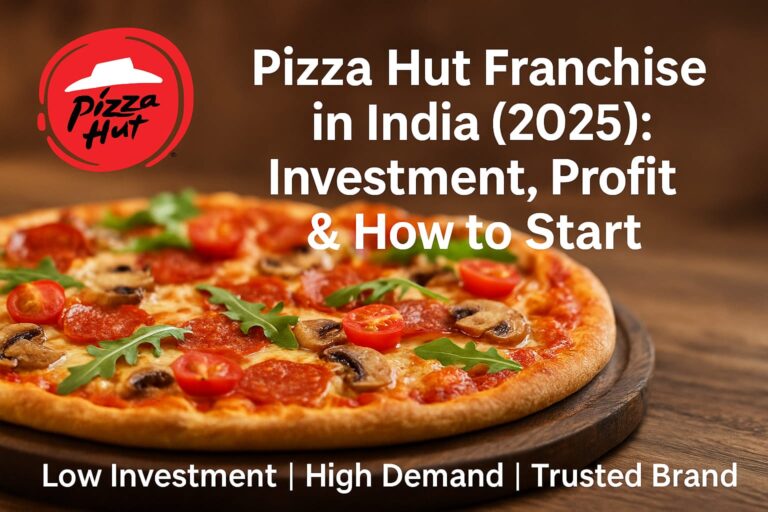 Delicious pepperoni pizza on wooden plate with Pizza Hut logo – Franchise opportunity in India 2025
