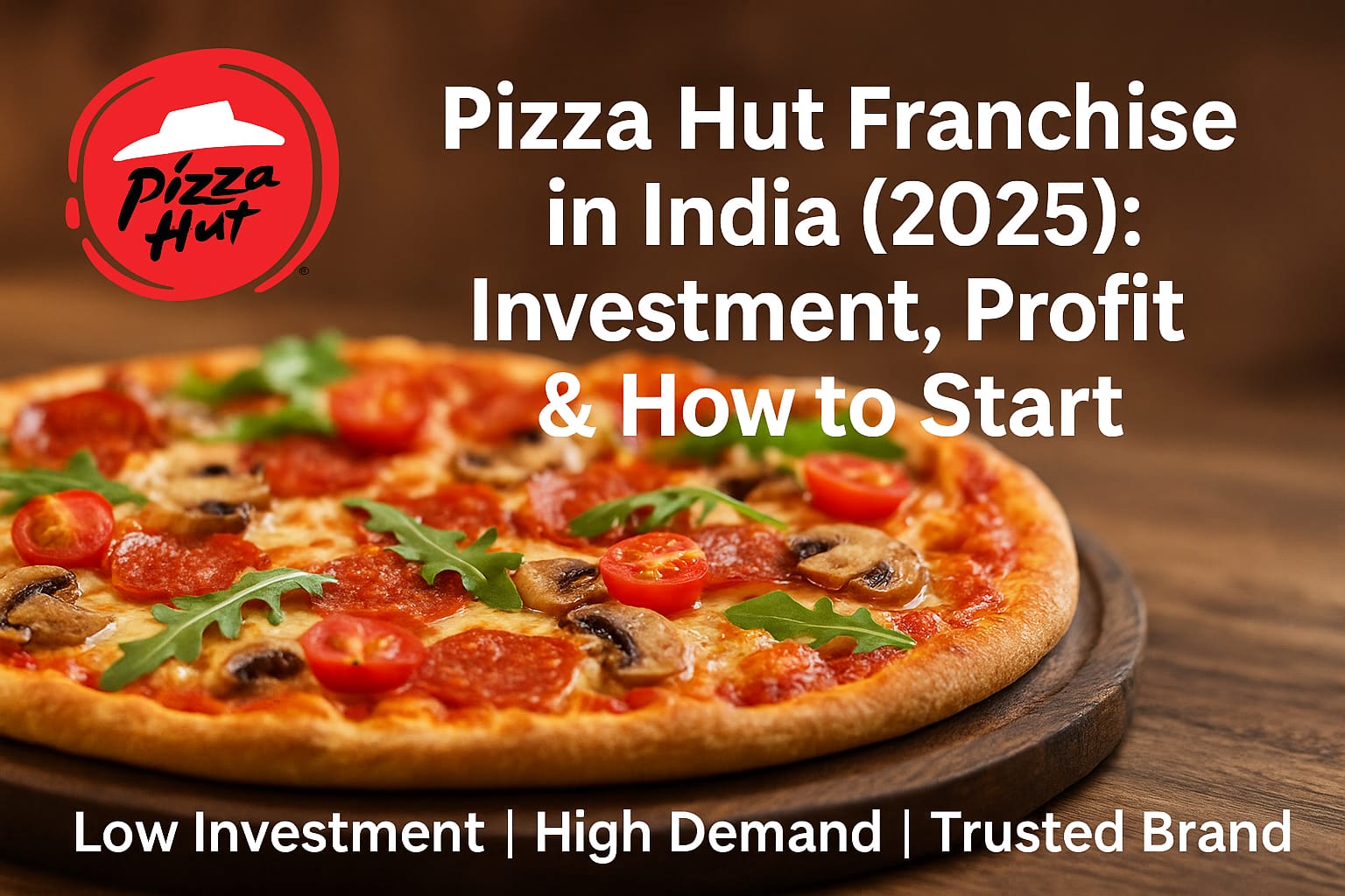 Delicious pepperoni pizza on wooden plate with Pizza Hut logo – Franchise opportunity in India 2025