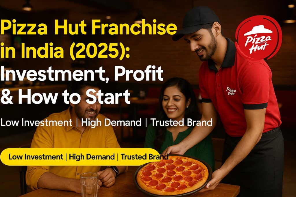 Indian couple being served fresh pizza by staff at a Pizza Hut outlet – 2025 franchise business opportunity in India