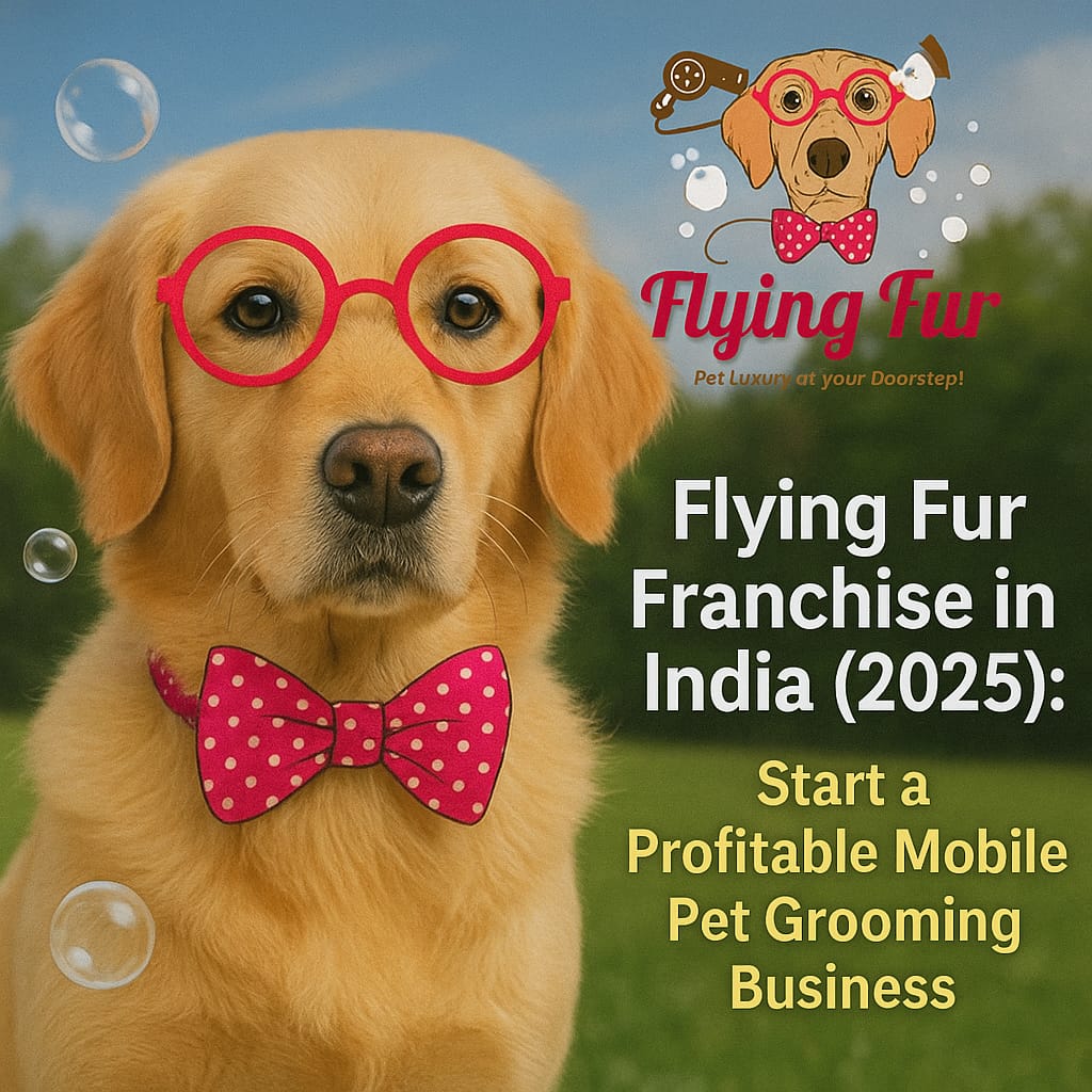 Golden Retriever wearing red glasses and bow tie representing Flying Fur mobile pet grooming franchise in India – Profitable business opportunity in 2025