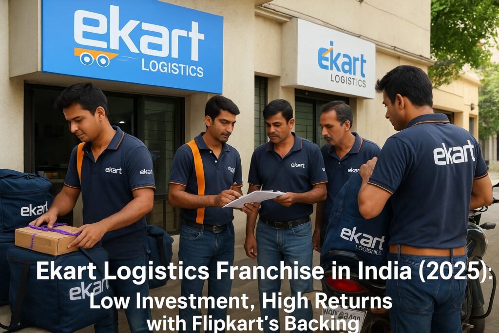 Ekart Logistics India franchise staff organizing courier packages outside a delivery hub, showcasing Flipkart-backed logistics business opportunities in India 2025.