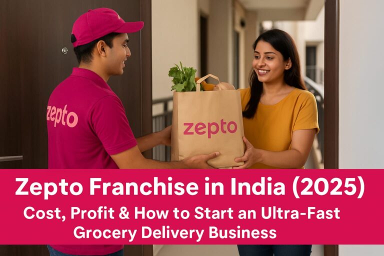 Zepto Delivery Boy Handing Over Grocery Order in Paper Bag to Indian Customer at Apartment Door