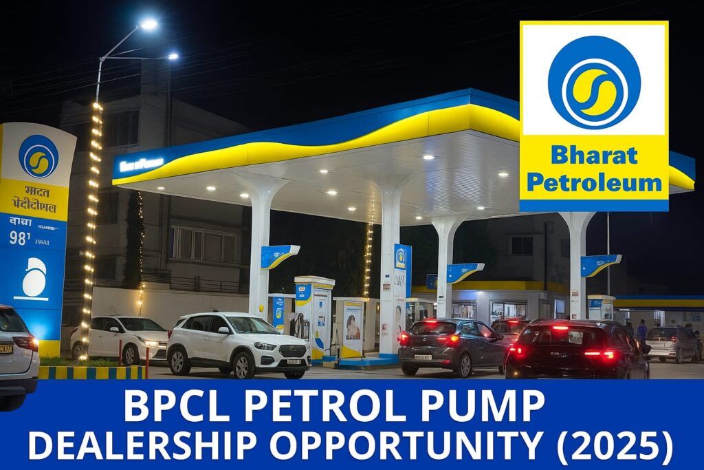 BPCL Petrol Pump Dealership in India – Bharat Petroleum fuel station with modern facilities operating at night.