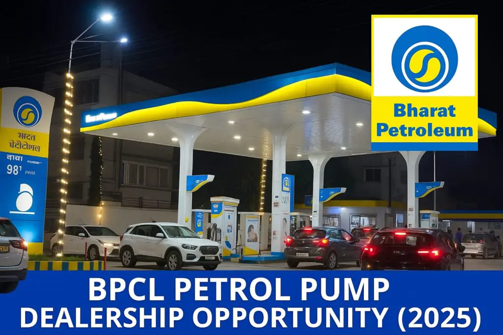 BPCL Petrol Pump Dealership in India – Bharat Petroleum fuel station with modern facilities operating at night.