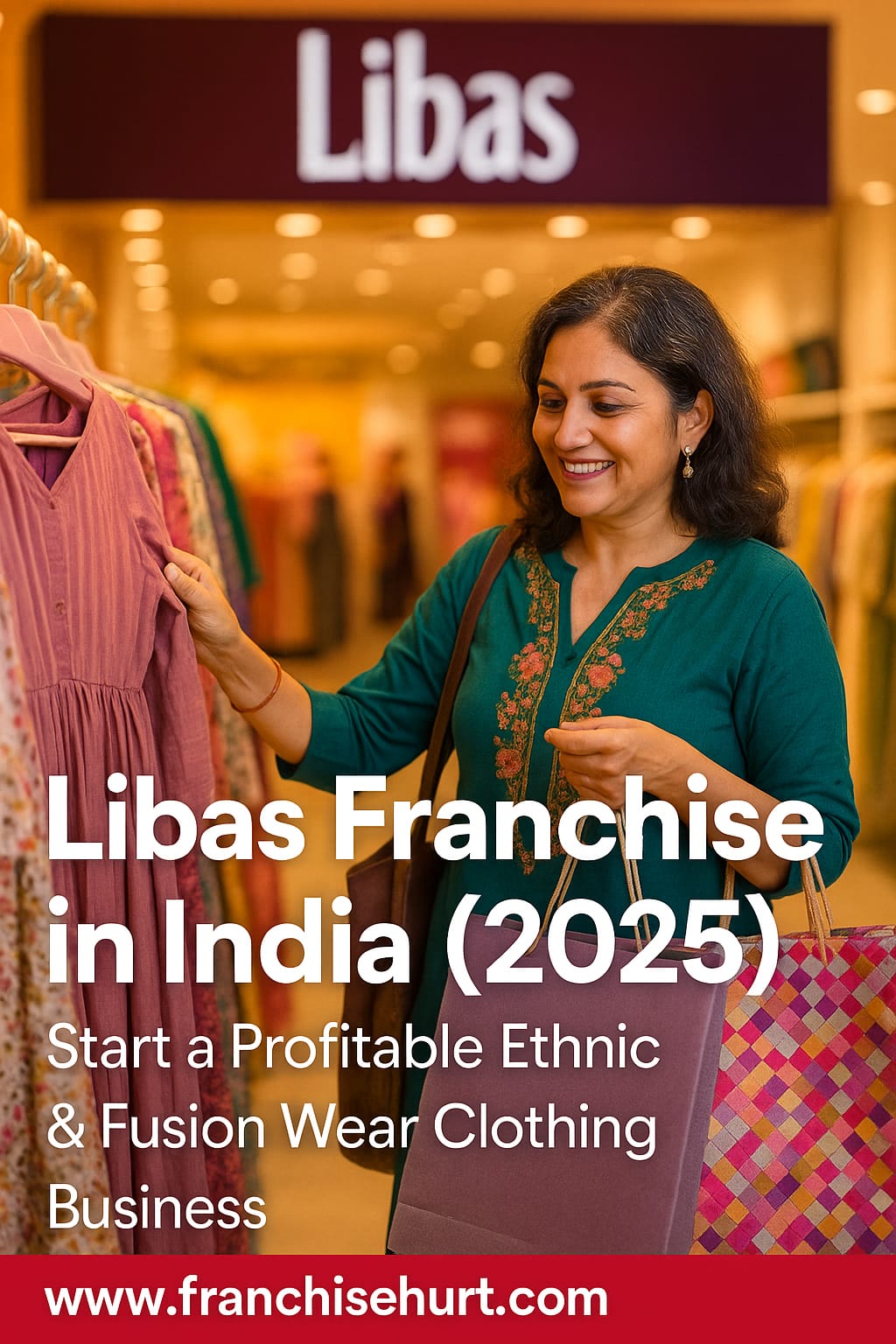 A vibrant Indian ethnic fashion store with customers browsing traditional and fusion wear garments in a Libas-style boutique setup.