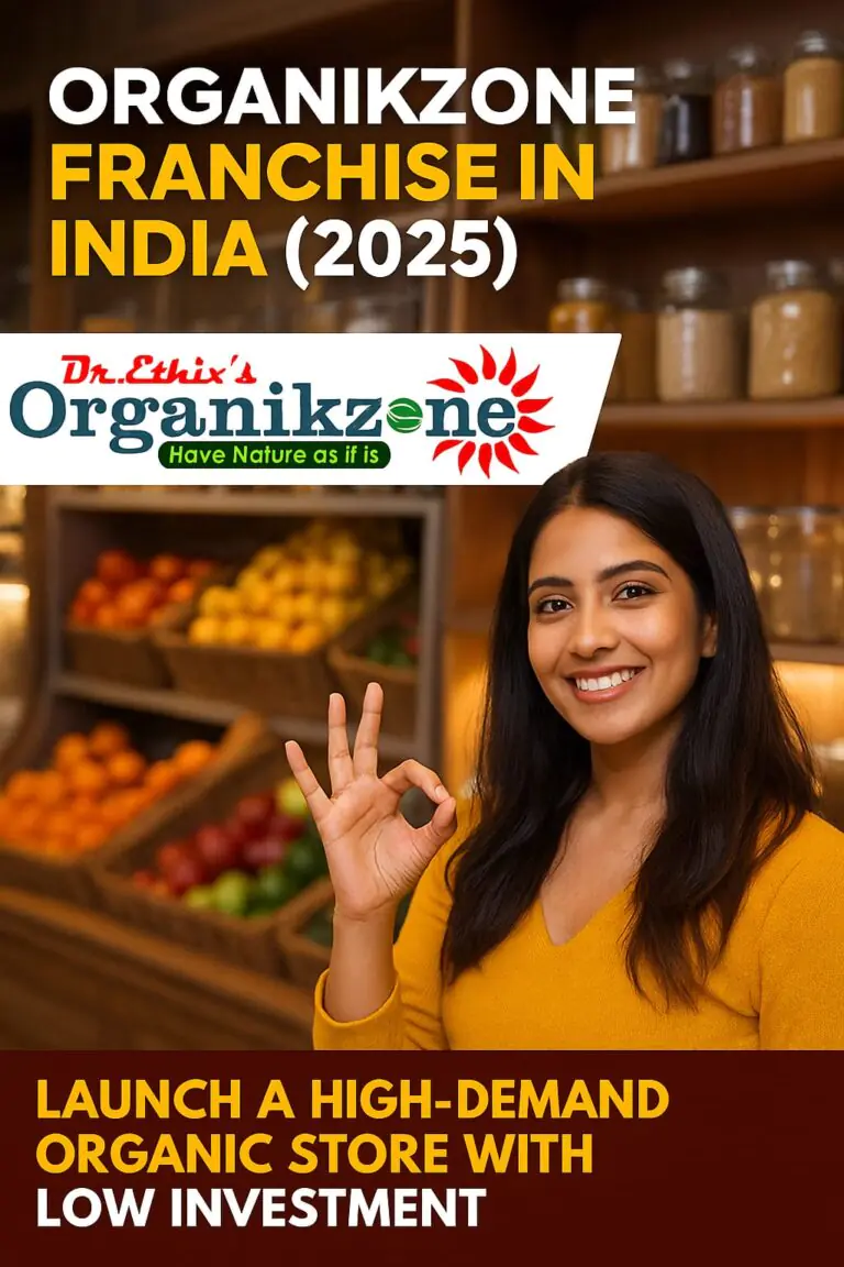 Indian woman inside Organikzone organic store showing OK sign with fresh fruits in background – Organikzone Franchise India 2025