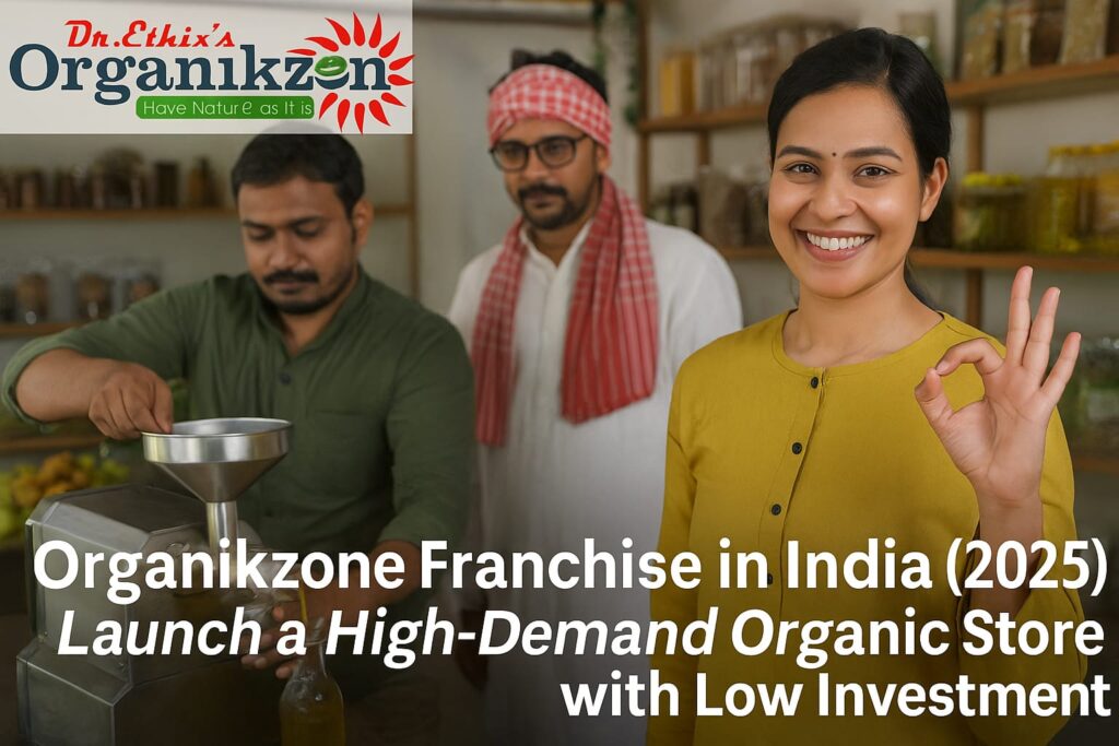 Indian entrepreneurs processing cold-pressed oil in an organic store with a smiling woman showing OK sign – Organikzone Franchise India 2025