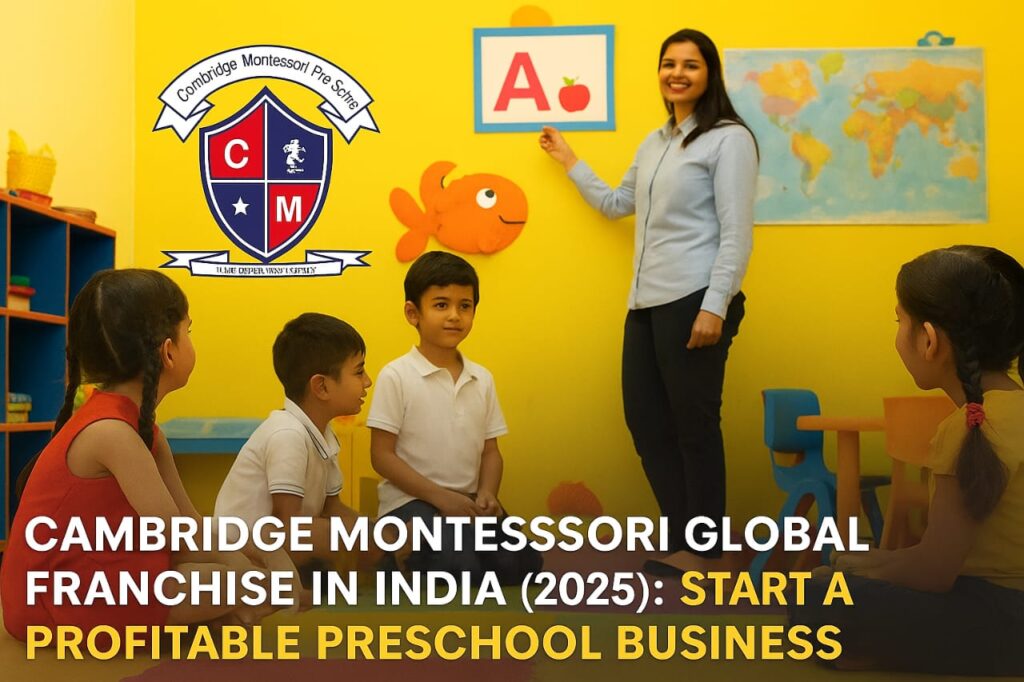 Indian preschool teacher engaging with kids at Cambridge Montessori Global franchise center with vibrant classroom elements.