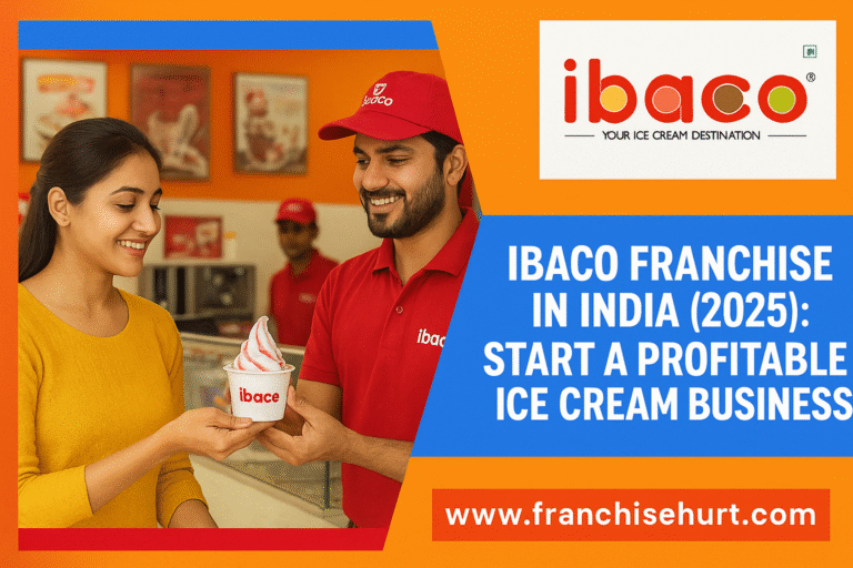Indian customers enjoying ice cream at Ibaco franchise outlet with branded cups and T-shirts in FranchiseHurt color theme.