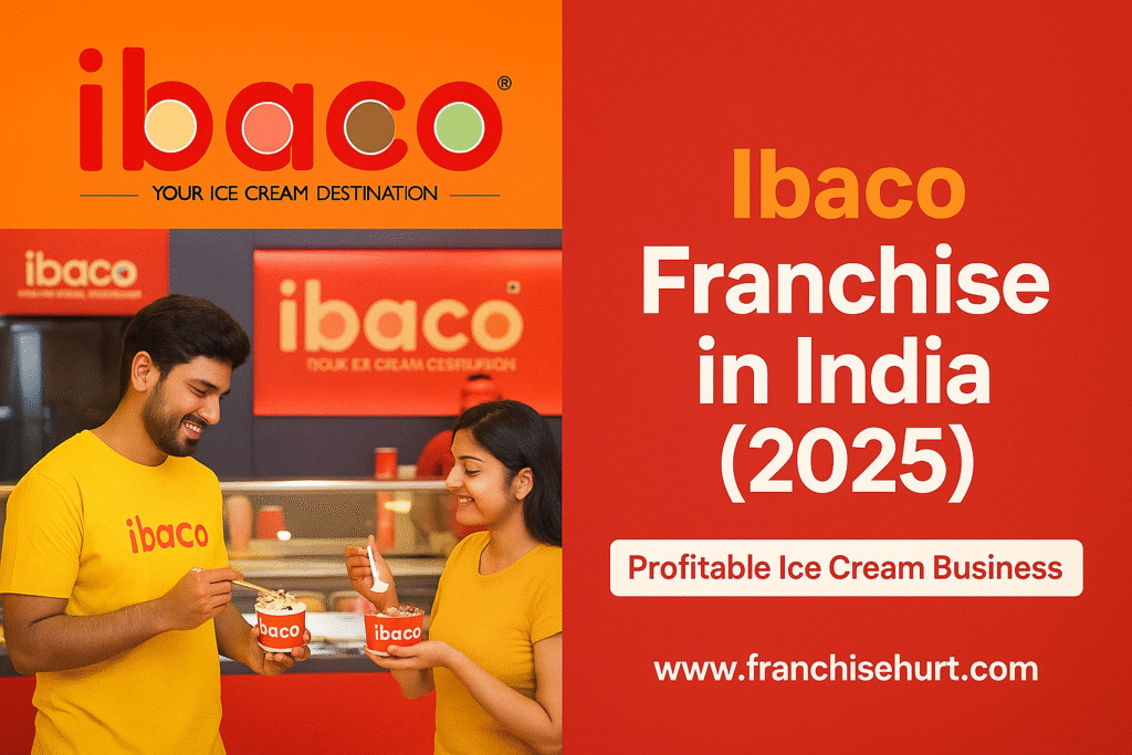 Ibaco Franchise in India 2025 – Indian customers enjoying ice cream at an Ibaco outlet with logo and website branding.