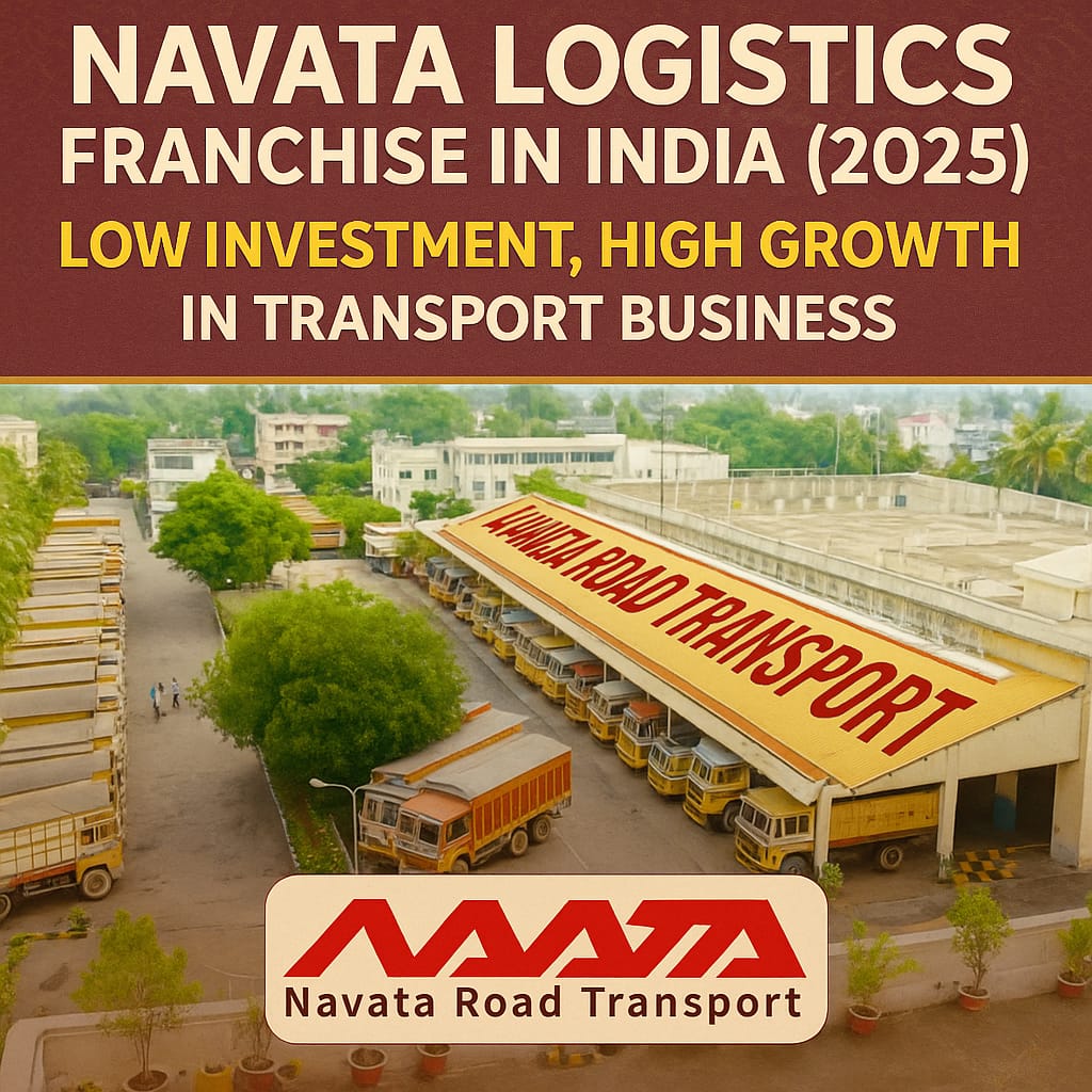 Aerial view of Navata Road Transport logistics hub with branded trucks and warehouse, promoting 2025 franchise opportunity in India