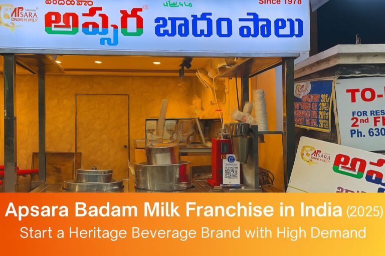 Apsara Badam Milk franchise outlet in India showcasing traditional Indian beverage setup with stainless steel utensils and heritage branding.