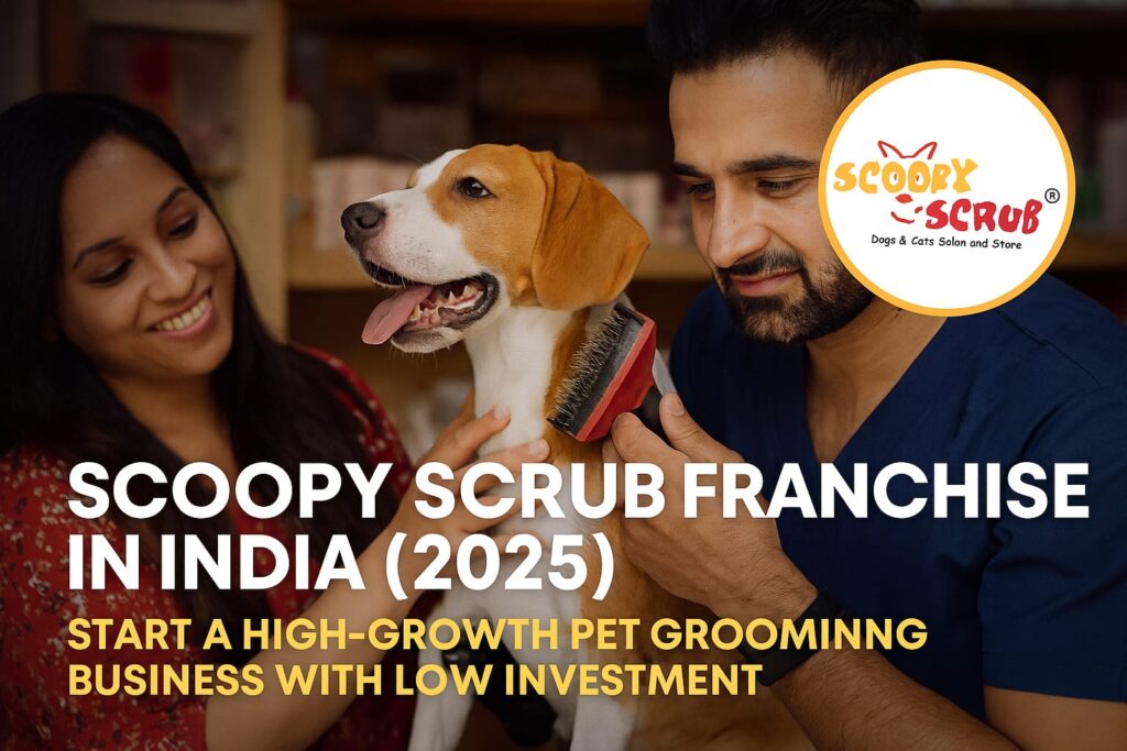 Indian pet groomer styling a dog at Scoopy Scrub salon with official branding in the background modern pet grooming setup.
