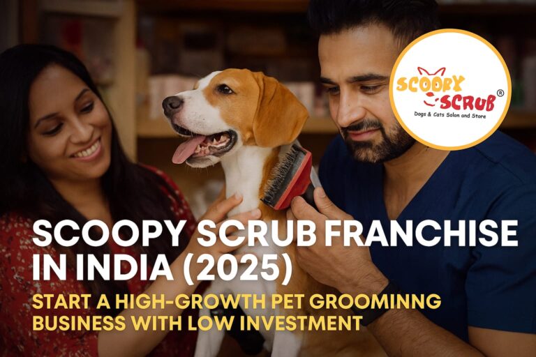 Indian pet groomer styling a dog at Scoopy Scrub salon with official branding in the background modern pet grooming setup.