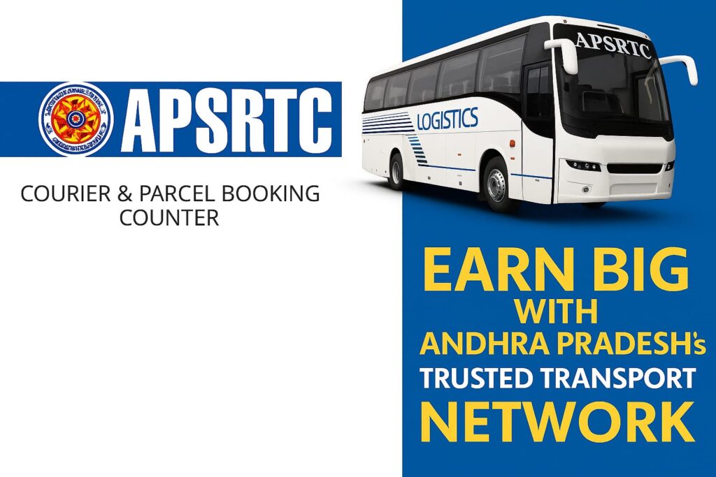 APSRTC Logistics Franchise India 2025 promotional banner featuring APSRTC bus and parcel service logo