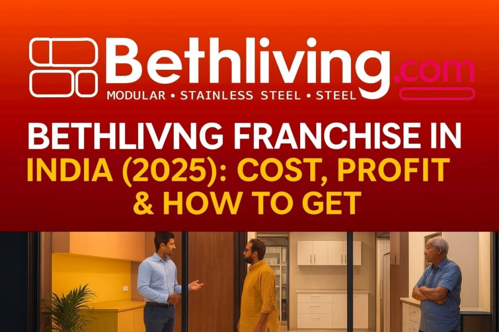 Bethliving franchise showroom in India showcasing modular stainless steel furniture with brand logo.