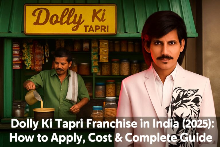 Indian man in stylish attire stands in front of Dolly Ki Tapri tea franchise with vibrant Indian tea stall ambiance