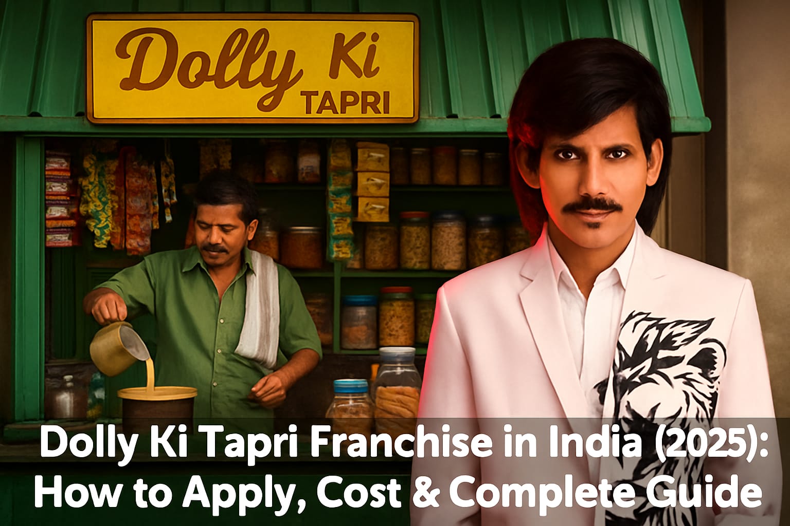 Indian man in stylish attire stands in front of Dolly Ki Tapri tea franchise with vibrant Indian tea stall ambiance