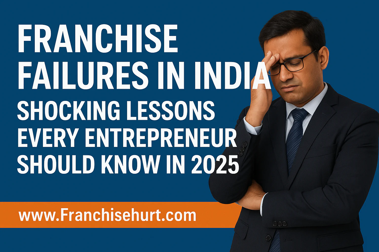 Professional thumbnail for blog "Franchise Failures in India: Shocking Lessons Every Entrepreneur Should Know in 2025," featuring a worried businessman in a suit, with bold white text on a blue background and www.Franchisehurt.com in orange at the bottom.