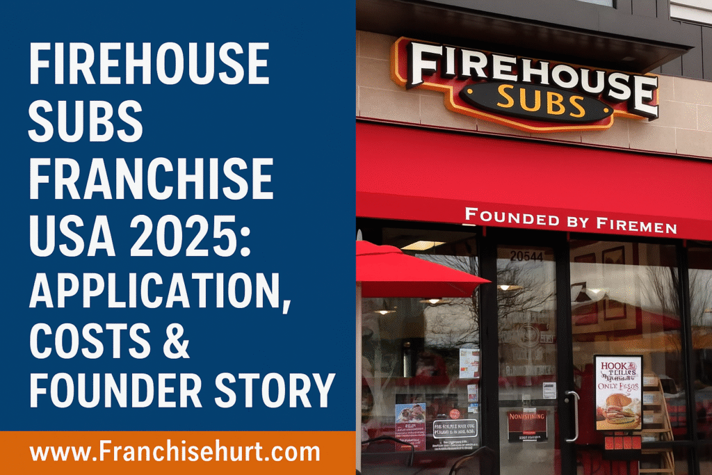Professional thumbnail featuring a Firehouse Subs storefront with red awning and logo, paired with bold text reading “Firehouse Subs Franchise USA 2025: Application, Costs & Founder Story” and www.Franchisehurt.com in blue and orange branding.