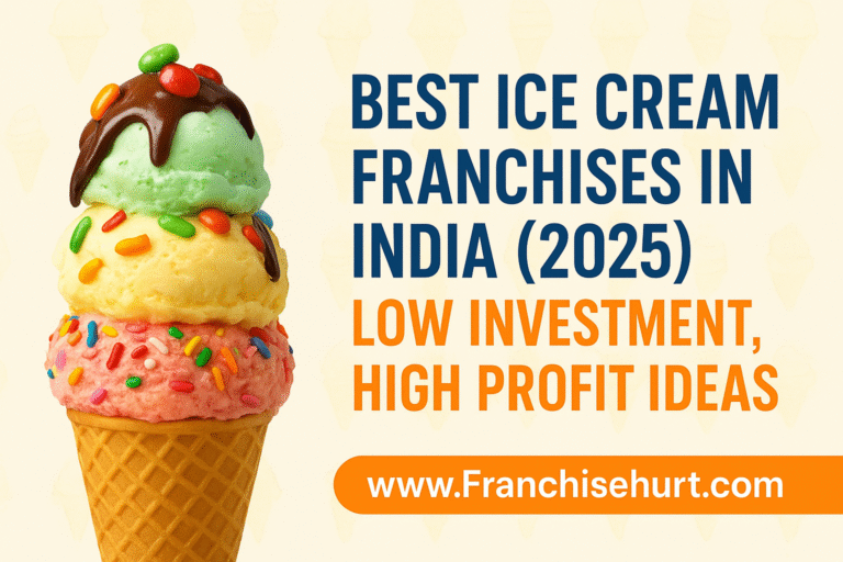 Colorful ice cream cone with sprinkles, chocolate topping, and bold text highlighting "Best Ice Cream Franchises in India 2025 – Low Investment, High Profit Ideas" by Franchisehurt.com.