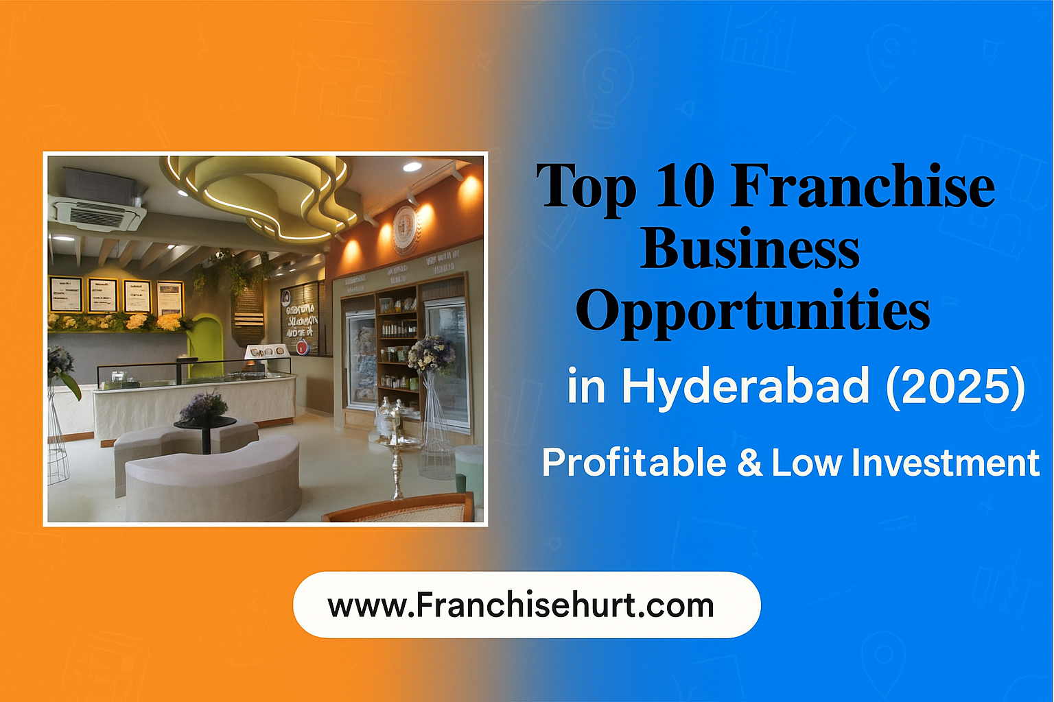 Promotional banner for Organic Creamery by Iceberg Franchise in India (2025) featuring an ice cream store interior on the left and a bold orange-blue background with the title “Cost, Profit & How to Apply” and website www.Franchisehurt.