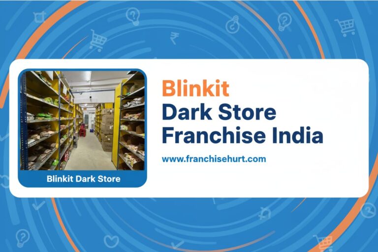 Organized shelves of groceries in a Blinkit dark store showcasing inventory management for quick commerce franchise in India.