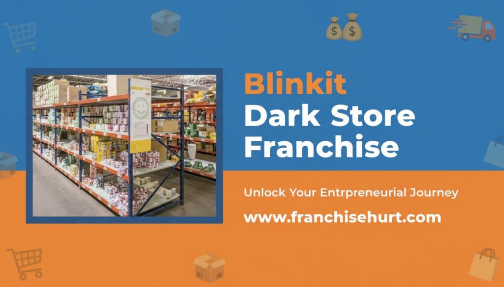 Blinkit dark store shelves with organized grocery inventory for quick commerce franchise opportunity in India.