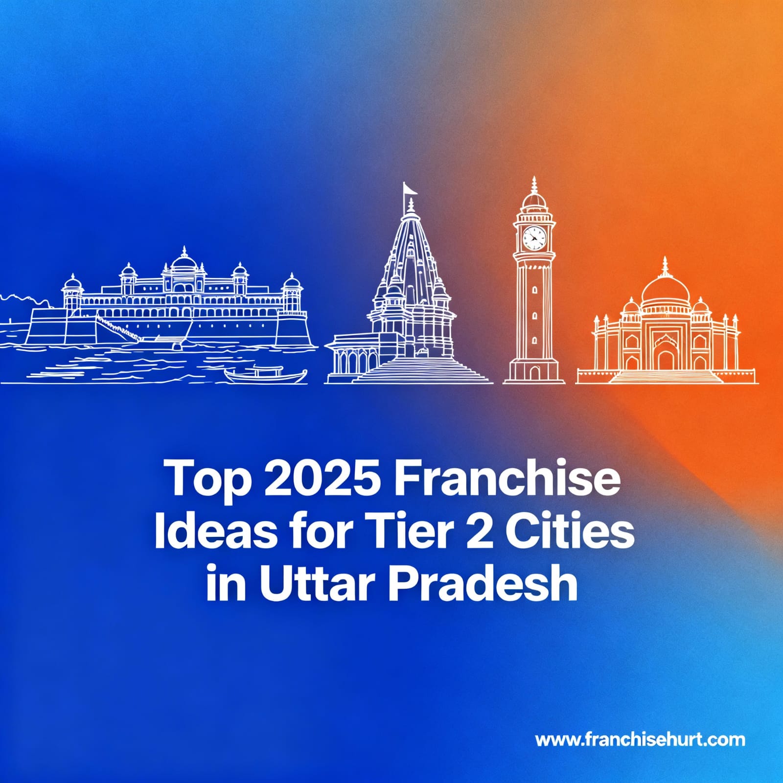 Premium landscape thumbnail featuring blue-orange gradient sketch icons of Varanasi, Prayagraj, Meerut, and Gorakhpur for 2025 franchise blog.