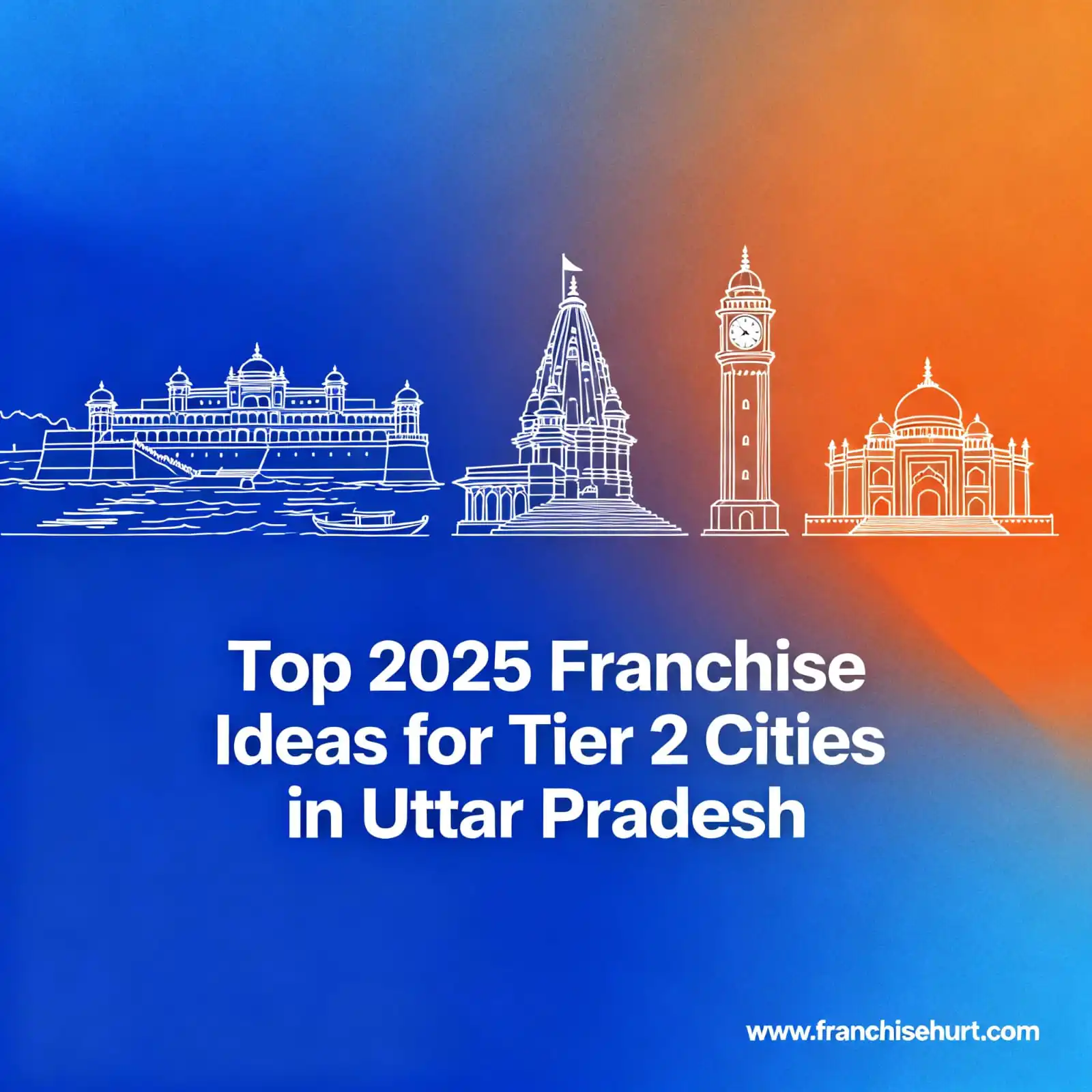 Premium landscape thumbnail featuring blue-orange gradient sketch icons of Varanasi, Prayagraj, Meerut, and Gorakhpur for 2025 franchise blog.