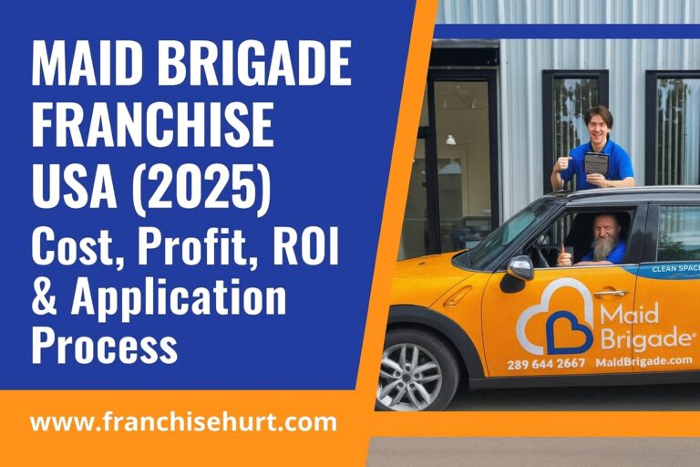 Maid Brigade franchise car with team members in the USA, representing cleaning service franchise opportunities, investment costs, profits, ROI, and 2025 business expansion details.
