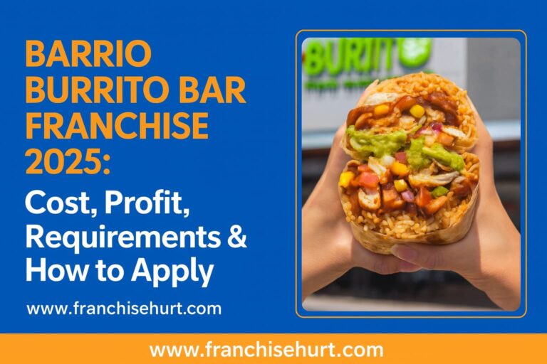 Close-up of a loaded burrito held in hands with the Barrio Burrito Bar storefront in the background — used for a franchise blog on cost, profit, requirements, and how to apply in 2025.
