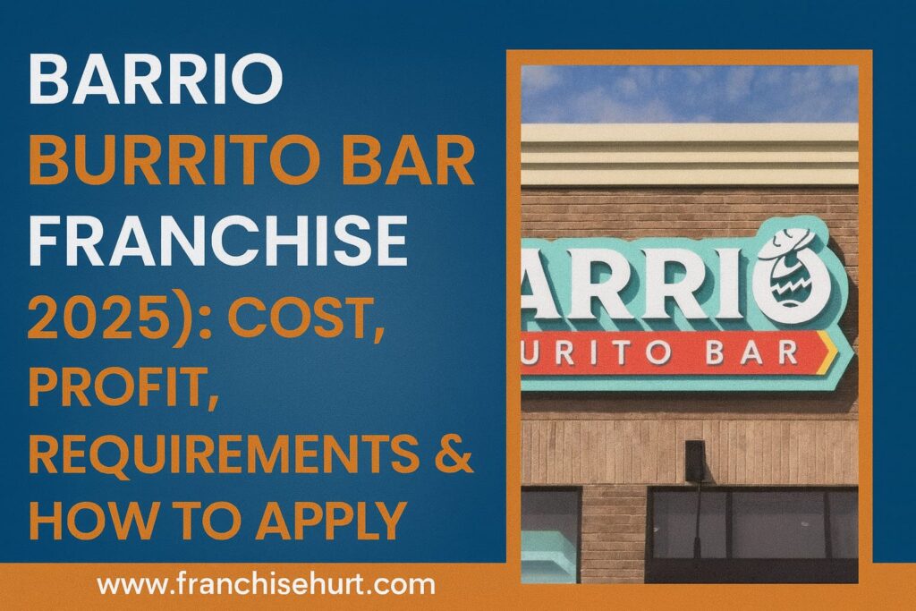 Barrio Burrito Bar franchise storefront with bright logo on brick wall – 2025 franchise cost, profit, requirements and application guide.
