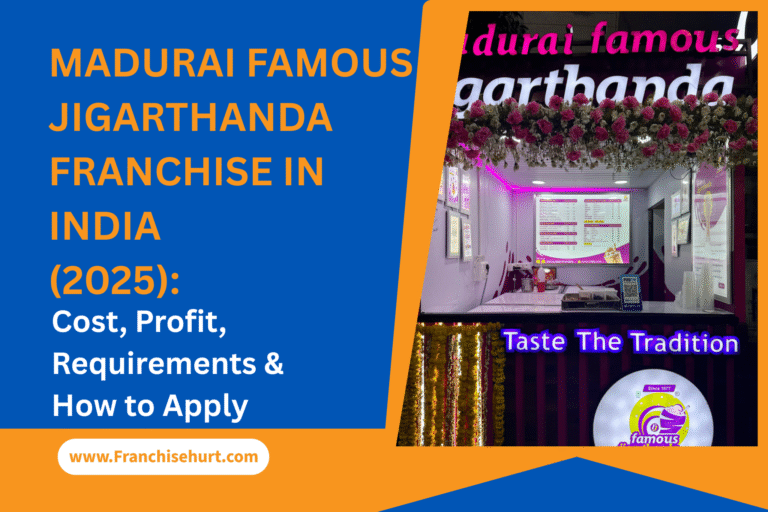 Madurai Famous Jigarthanda franchise shop interior view with pink lighting, menu display, and vibrant branding for the 2025 franchise opportunity.