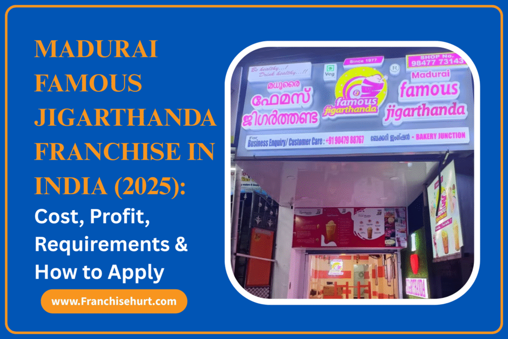 Madurai Famous Jigarthanda Franchise store front in India with illuminated branding board and signage promoting business inquiries.
