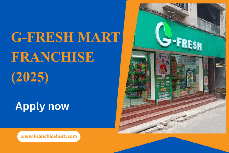 Front view of a G-Fresh Mart store with branding and entrance steps, featured on a 2025 franchise application banner.
