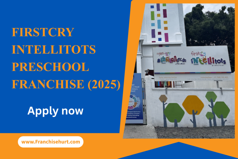 Front view of a FirstCry Intellitots Preschool building showcasing colorful branding and franchise application promotion for 2025.
