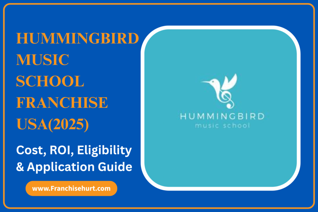 Hummingbird Music School Franchise USA 2025 poster featuring franchise cost, ROI, eligibility, and application guide with official logo.